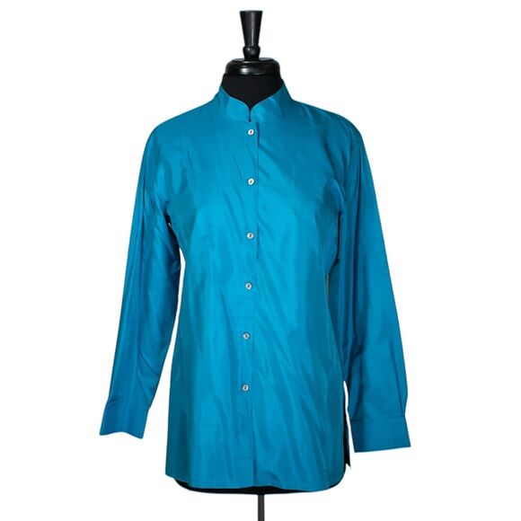 Chico's Women's Shirt Teal Blue Button Up Silk Stretch Mandarin Collar Top 1 M/8 - Picture 1 of 9